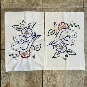 Vintage Pillowcases Pair Embroidered Bluebirds Floral Folk Art Cottagecore